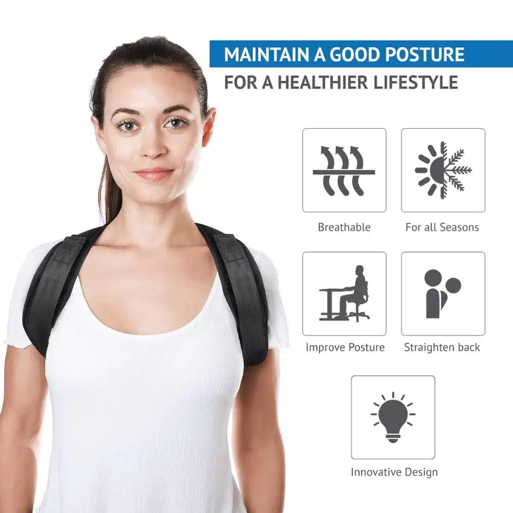 Woman wearing the TrueFit Posture Corrector over a t-shirt showing improved spinal alignment and shoulder support